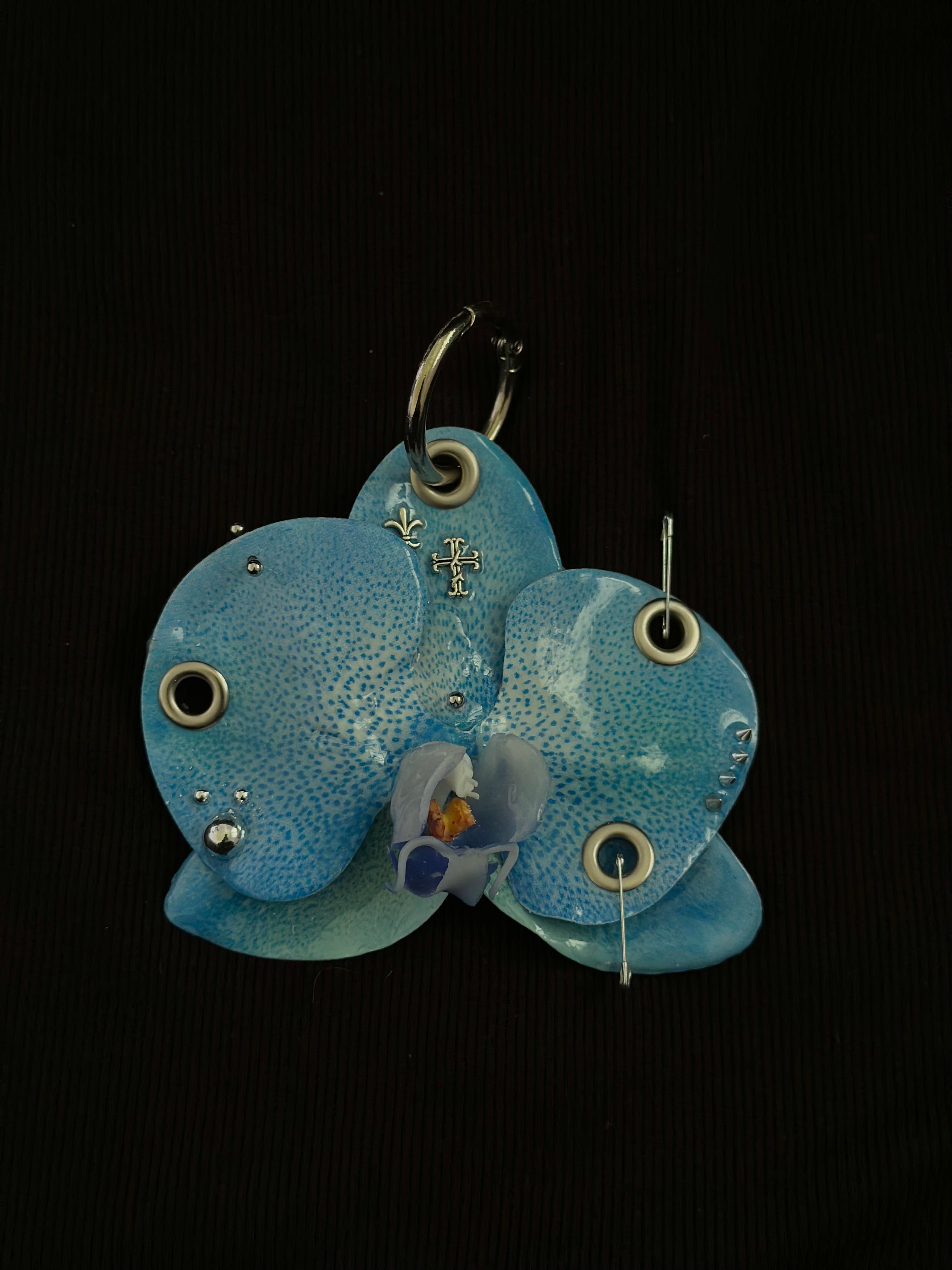 Blue Pierced Orchid with Silver Hardware