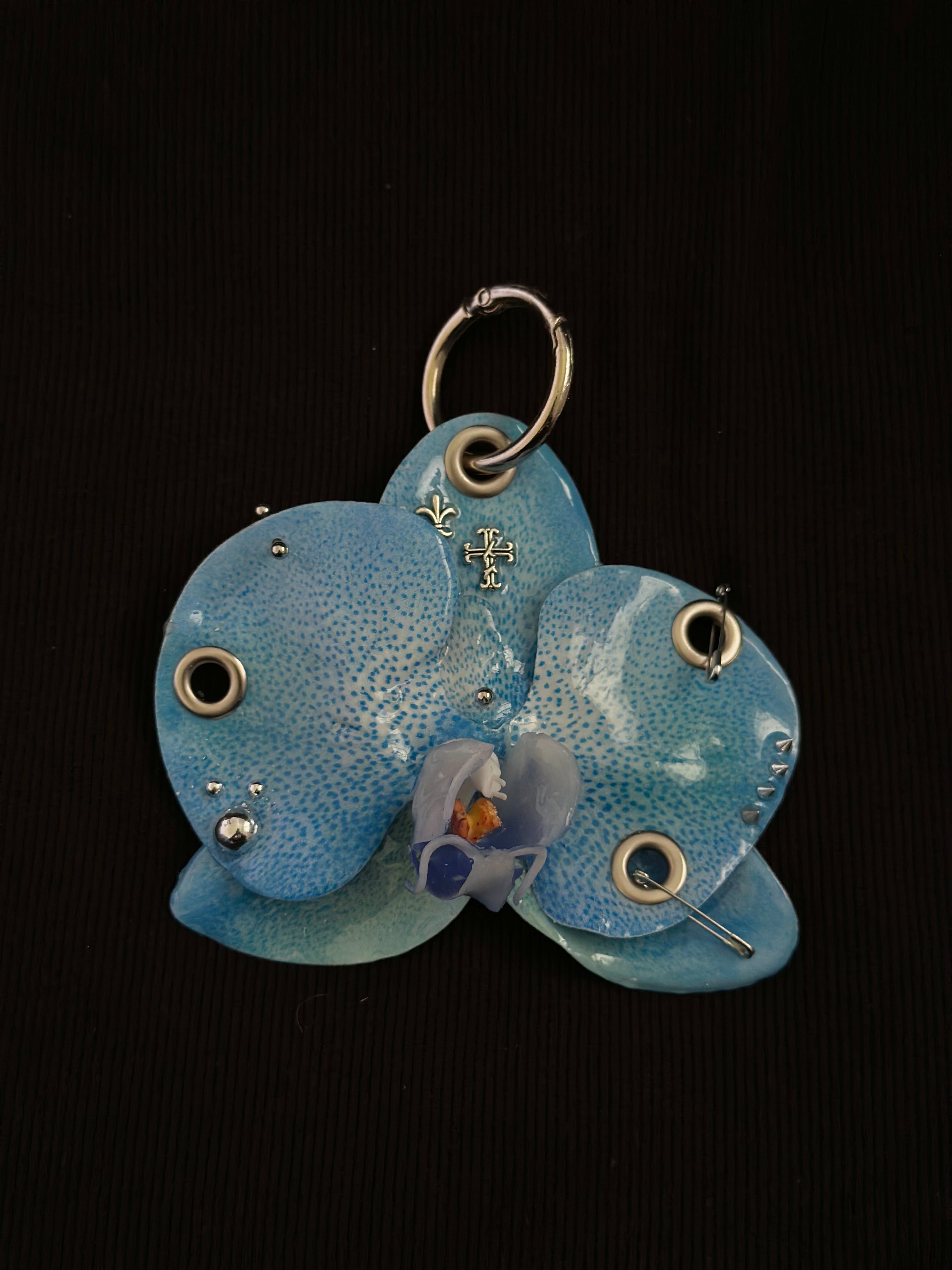 Blue Pierced Orchid with Silver Hardware